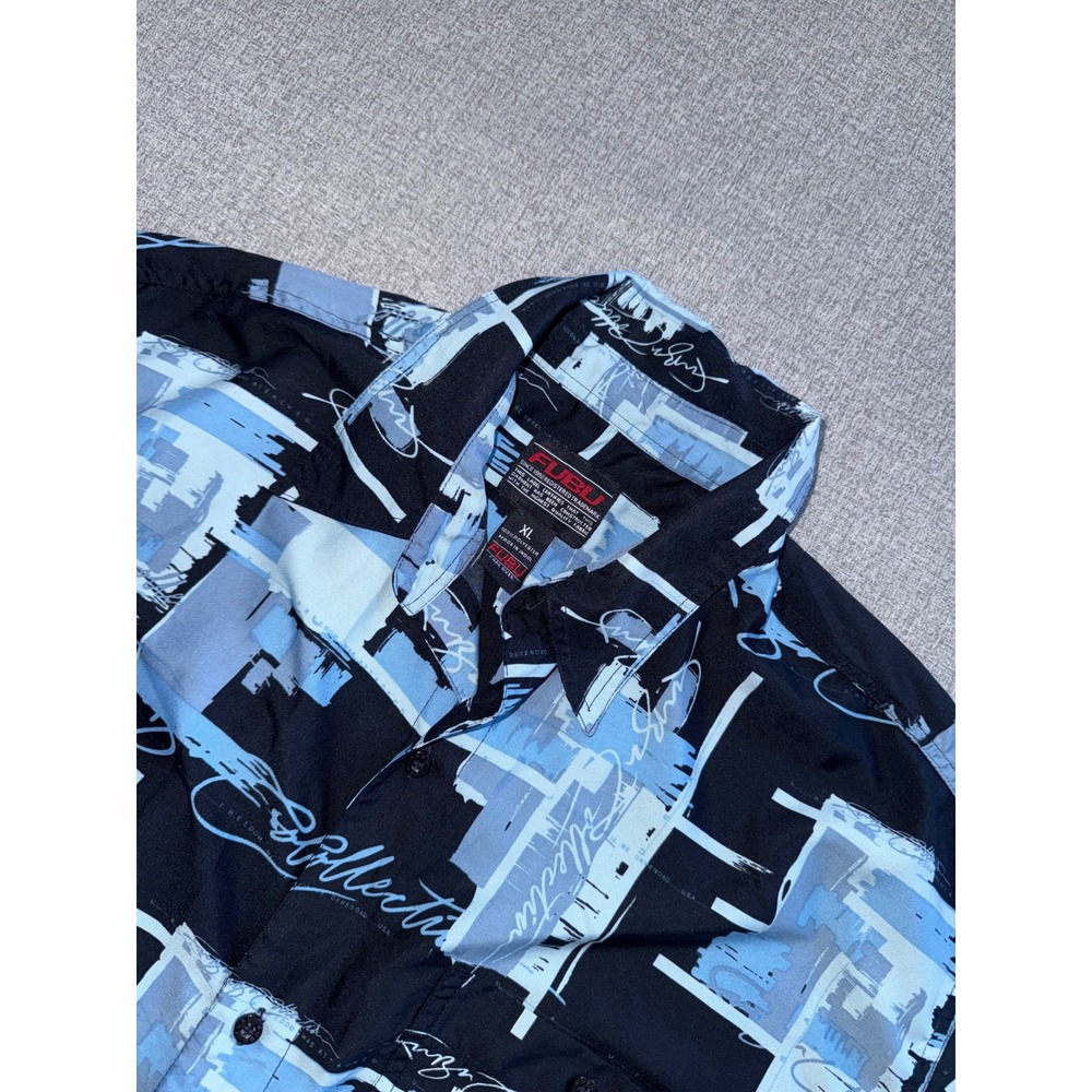 FUBU Collection Mens XL Short Sleeve Button Down Shirt Black Blue Abstract Print